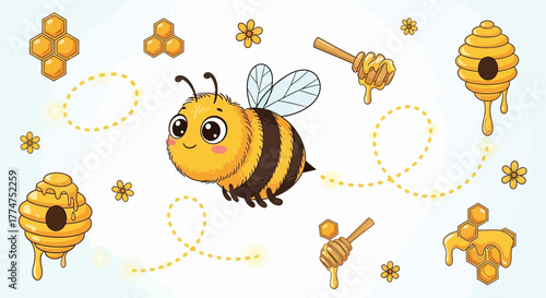 A cute cartoon bee flying with dotted lines, surrounded by honeycombs, beehives, honey dippers, and small flowers on a light background.