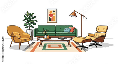A detailed illustration of a mid-century modern living room with furniture and decor.