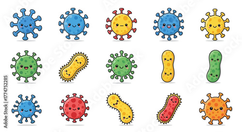 A collection of cute and colorful cartoon virus and bacteria characters with happy smiling faces isolated on a white background.