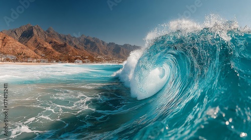 Fototapeta Naklejka Na Ścianę i Meble -  Majestic Ocean Wave Crashing on a Tropical Beach