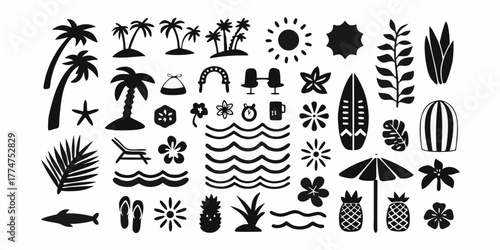 Collection of black silhouette summer tropical beach vacation icons and symbols on white background