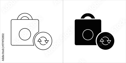 Two black and white icons representing a shopping bag with a refresh symbol