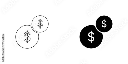 Two black and white icons representing dollar coins