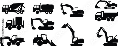 Construction vehicle silhouette set, heavy machinery vector illustration, excavator, dump truck, bulldozer, industrial equipment icons collection for engineering design