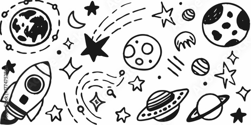 Hand drawn doodle space elements including planets stars rocket ship and moon with orbits and trails