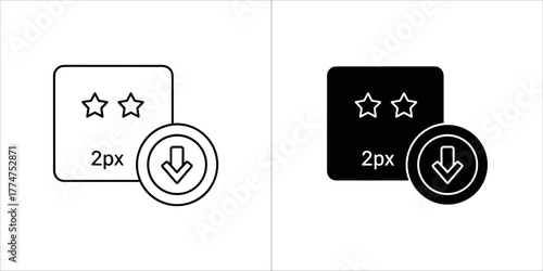 Two stars rating icon with download arrow in black and white outline and solid fill