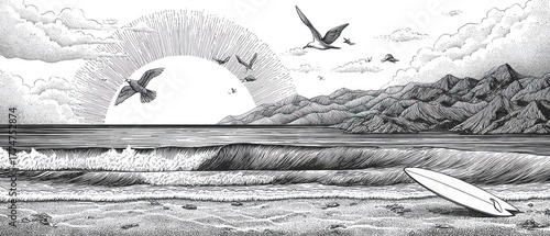 Monochromatic Coastal Engraving: Sunrise over Ocean, Majestic Mountains, Soaring Gulls, and Surfboard on Sandy Beach
