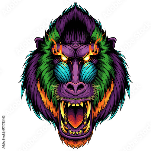 A vibrant, stylized illustration of a mandrill monkey with a fierce expression, showcasing detailed fur and glowing eyes.