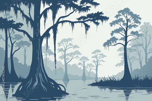 Cypress grove and calm reflections in Louisiana swamp