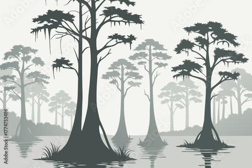 Cypress grove with reflections in swamp water near New Orleans, Louisiana.