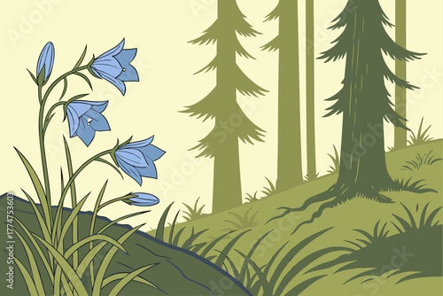 Clusters of harebells and grasses under spruce forest in Alaska