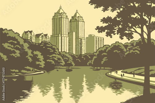 City park lake reflecting skyscrapers in Atlanta, Georgia.