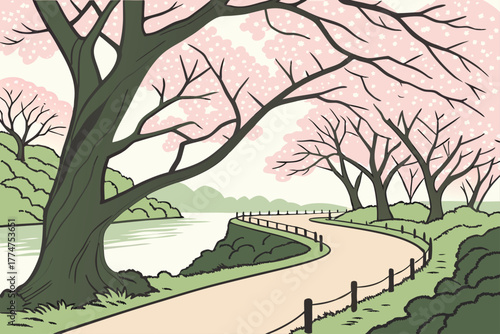 Cherry blossom trees lining pathway near Tokyo’s Chidorigafuchi Park, Japan.