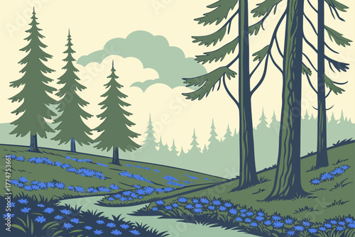 Carpet of blue flowers under spruce trees in Kenai National Wildlife Refuge