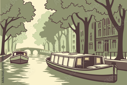 Canal boats along tree-lined waterways in Amsterdam, Netherlands.