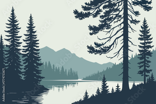 Calm mountain lake surrounded by pines in British Columbia.