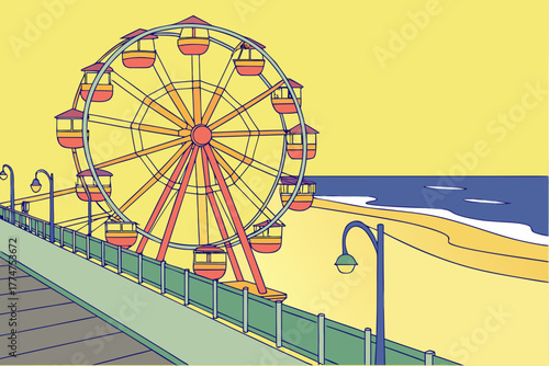 Bright ferris wheel on beach boardwalk in New Jersey