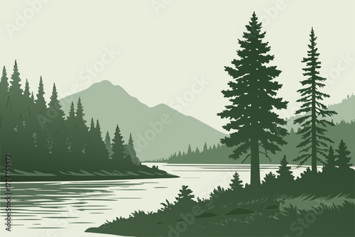 Calm lake and evergreen trees in Jasper National Park, Alberta.