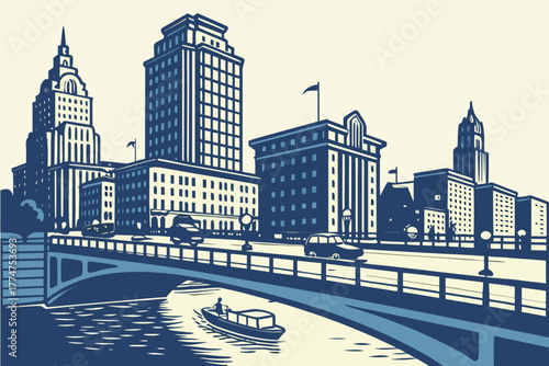 Bridge spanning blue river with skyline view in Texas