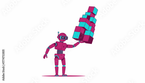 Robotic Automation and Data Management Concept: AI Bot Holding a Precarious Stack of Digital Cubes on White Background