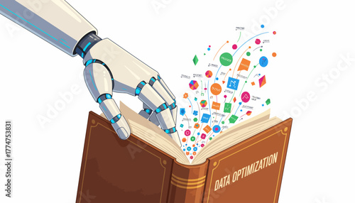 AI Robot Hand Taps Data Optimization Book, Releasing Flowing Icons and Abstract Visualizations