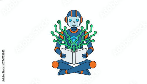 Artificial Intelligence Robot Reading a Book, Absorbing Data via Circuitry. Concept of Machine Learning and Deep Learning.
