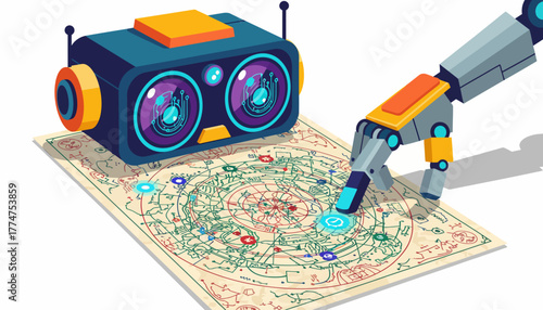 Artificial Intelligence Robot Arm Analyzing Complex Technical Blueprint and Strategic Data Map