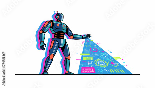 Advanced AI Robot Interacting with Futuristic Holographic Data Visualization and Machine Learning Interface