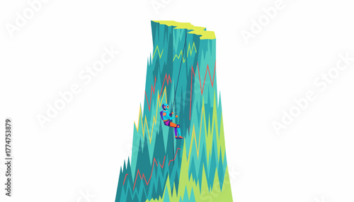 AI Robot Climbing Volatile Stock Market Cliff: Challenge, Financial Growth, and Perseverance Concept Vector Illustration