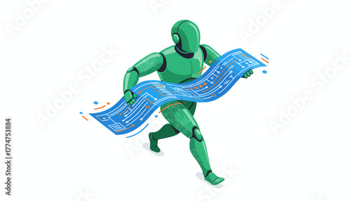 Fast AI Robot Delivering Data or Circuit Information. Automation and Digital Technology Sprint.