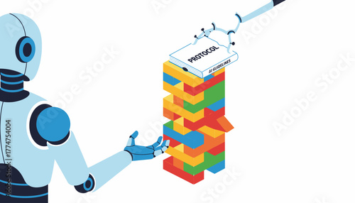 AI Governance and Protocol: Robot Balancing Guidelines Book on a Precarious Jenga Tower, Illustrating Ethical Risk and Regulation.