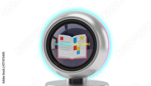 Machine Learning Training Icon on Futuristic Device Display. AI Model Development and Data Labeling Concept on White.