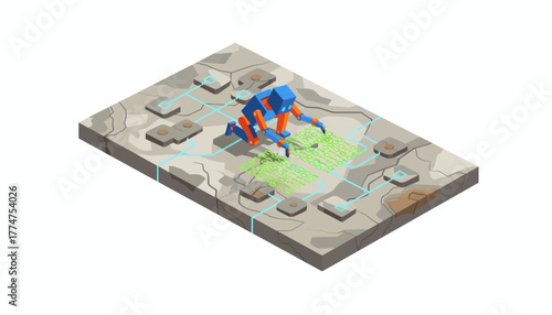 Autonomous AI Robot Extracting Big Data and Repairing Digital Infrastructure on Cracked Surface, Isometric Illustration.