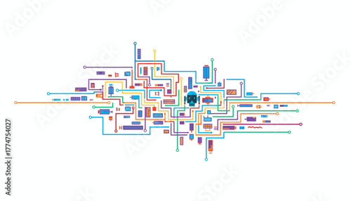 AI Artificial Intelligence Head Connecting Data Nodes within a Colorful Digital Neural Network Circuit Board Illustration