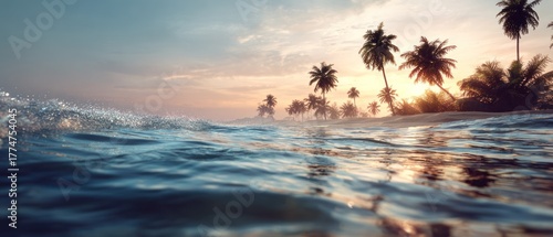 Serene Tropical Beach at Sunset with Palm Trees and Gentle Waves