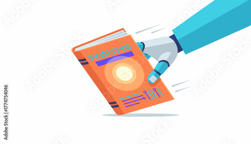 AI Learning and Digital Education: Robotic Hand Holding a Book with Binary Code and Circuitry Illustration
