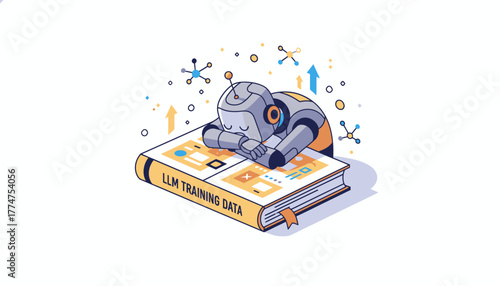 AI Overload: Exhausted Robot Character Sleeping on Massive Large Language Model (LLM) Training Data Book