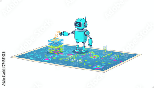AI Robot Explaining Large Language Model (LLM) Transformer Architecture on a Technical Blueprint.