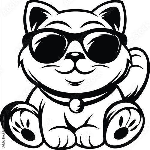 Cool outlined Maneki Neko cat wearing black sunglasses sits with its paw raised