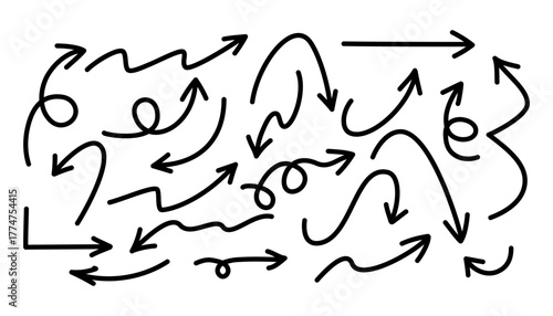 Black hand drawn line brush sketch arrows set. Doodle sketch curved and swirly arrows for infographic. Vector illustration