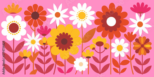 A seamless floral pattern with beautiful daisy and sunflower flowers in yellow and pink, perfect for summer and spring nature designs
