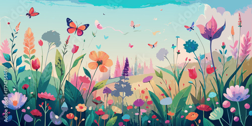 A colorful meadow of spring tulips and other flowers with a delicate butterfly flying over the grass, perfect for a floral design or garden card
