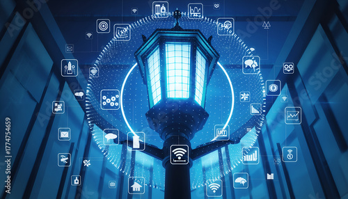 Illuminated Streetlight Surrounded by Digital Network Symbols in Abstract Composition on Blue Background