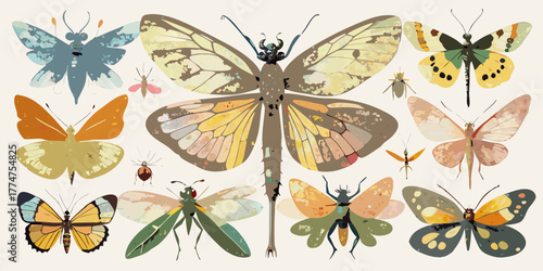 A vibrant collection of isolated butterfly wings and insects in yellow, blue, black, and orange on a white background