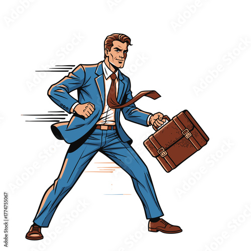 Dynamic businessman racing with briefcase, embodying urgency and determination in a high-paced professional environment, an icon of corporate efficiency and relentless ambition