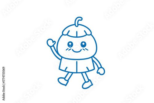 Happy blue acorn character waves while it walks cheerfully against a plain background
