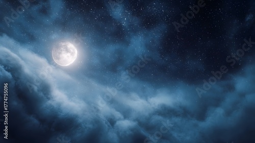 Wallpaper Mural A luminous full moon shines through dramatic clouds against a star filled night sky Torontodigital.ca