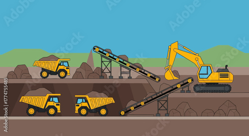 Simple Line Cartoon Illustration of Open Pit Mining Industry Scene