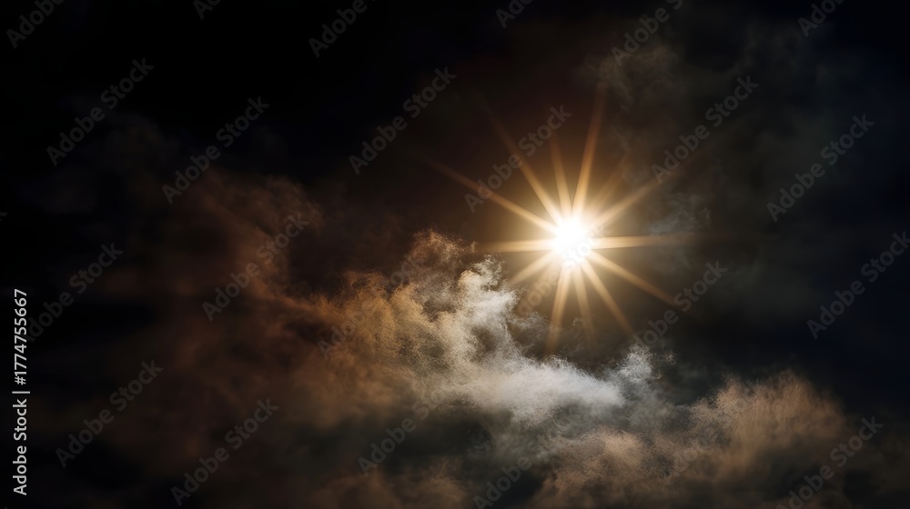 Naklejka premium A bright radiant sun bursts through dramatic dark clouds casting golden light across the sky