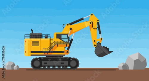 Flat Style Detailed Excavator Heavy Machinery Construction Site Machine Illustration
